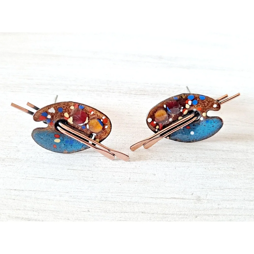 Vintage Renoir Matisse Copper Clip-on Earrings Artist Palette Design